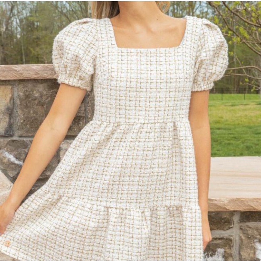 Simply Southern Cream Tweed Short Sleeve Knee Length Layered Dress, Size S